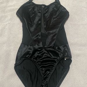 Double Platinum black satin cross back dance leotard with side/back mesh. AXS